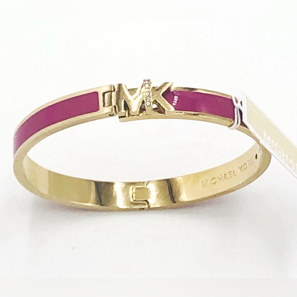 Michael Kors Haute Rose Gold Hot Pink Enamel Bangle Bracelet MKJ7705710 + MK BOX